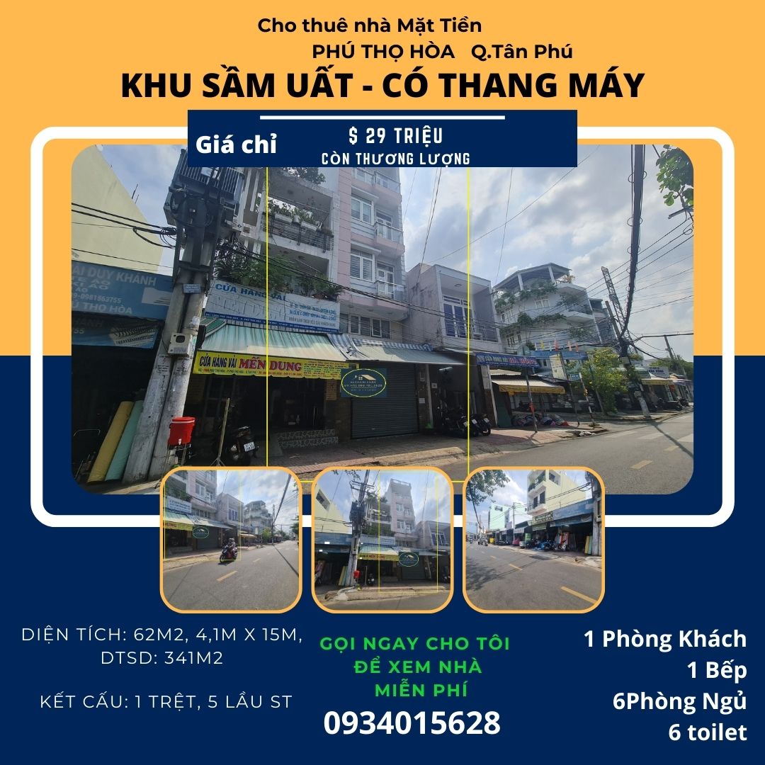 Cho thuê nhà mặt tiền Phú Thọ Hòa 62m2, 5Lầu+ST, 29Triệu - CÓ THANG MÁY - Ảnh chính